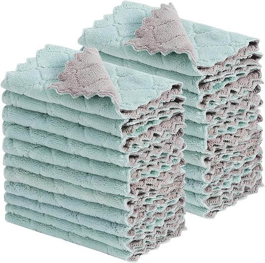 20Pcs Kitchen Cloth,Dish Towels,Super Absorbent Coral Fleece Dishtowels,Premium Dishcloths,Nonstick Oil Washable Fast Drying Dish Rags,for Clean Table Dish Glass Pet Paws (Green Gray)