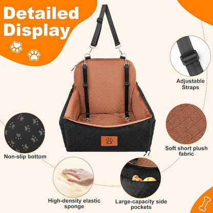 Small Dog Car Seat for Small Dogs Under 30 lbs, Memory Foam Pet Car Seat with Washable Cover, Safety Belts & Side Storage Pockets, Portable Travel Bed for SUV/Sedan (Black)