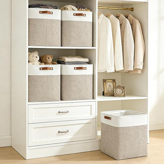 Large Fabric Storage Baskets | 50L Storage Bins, Decorative Linen Closet Baskets with Handles for Organizing, Shelf, Toys, Clothes, Home, Office, Nursery, 17x12x15Inches (Beige&White)