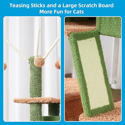 Hey-brother Cat Tree, 53 inch Cat Tower for Indoor Cats, Cat House with Padded Platform Bed, Toy Balls, Large Cozy Condo, Hammocks and Sisal Scratching Posts, Cactus MPJ019SCA