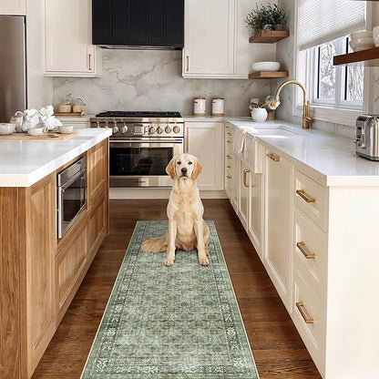 Washable 2x6 Runner Rug for Kitchen: Easy-Clean Carpet with Non-Slip Backing for Bedroom Entryway Stain-Resistant Shedding-Free Floor Mat – Perfect for High-Traffic Areas with Pets (Green,2x6)