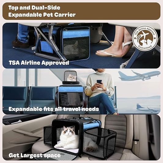 Top and 2 Sides Expandable Cat Carrier 18x11x11, TSA Airline Approved Dog Carriers for Small Dogs, Soft-Sided Pet Carrier with Self-Locking Zippers for Kitten,Rabbit, Puppy, Blue