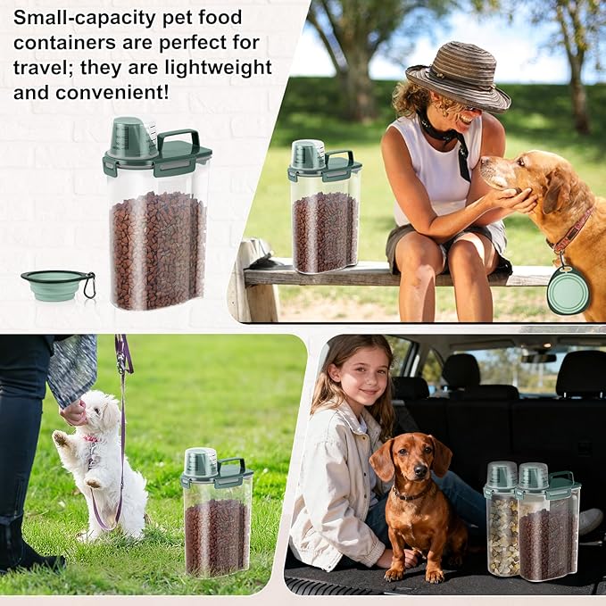 3-5Lbs Airtight Small Cat Dog Pet Food Storage Containers BPA Free, with Large Pour Spout/1 Measuring Cup/ 4 Safety Locks and Double-layer Silicone Strip (Dark Green2Pack)