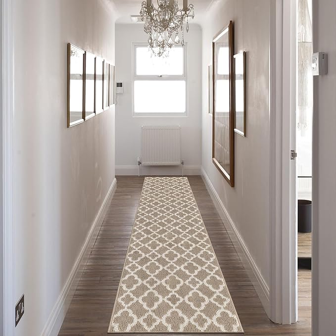 U'Artlines Long Runner Rug for Hallway 2×8feet Non Slip Kitchen Floor Carpet Runners Beige Geometric Pattern Machine Washable Area Rug for Entryway Bathroom