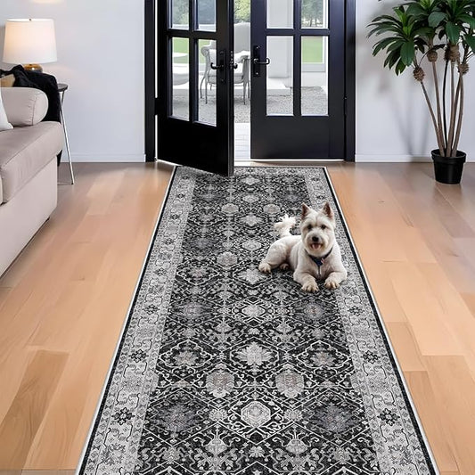 4x10 Washable Hallway Runner Rug: Oriental 10ft Extra Wide Ultra Soft Runners for Living Room Bedroom Stain Resistant Low Pile Carpet for Entryway Ktichen Thin Non Slip Bathroom Floor Mat(Black,4x10)