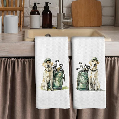 Golf Dog Kitchen Towels - Labrador Dish Towels, Sports Gifts, Pet Golf Club Decorative Absorbent Dishcloths Hand Towels Set of 2 for Spa Kitchen Gym Decor 16x24 Inches