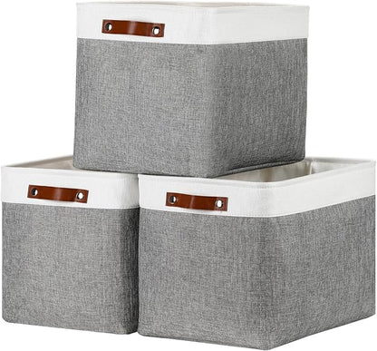 DULLEMELO Large Storage Baskets, Fabric Storage Basket with Leather Handles for Shelves Closet Nursery Toy Storage, Collapsible Fabric Baskets for Toy Book Magazine Towel Organizers(White&Gray)