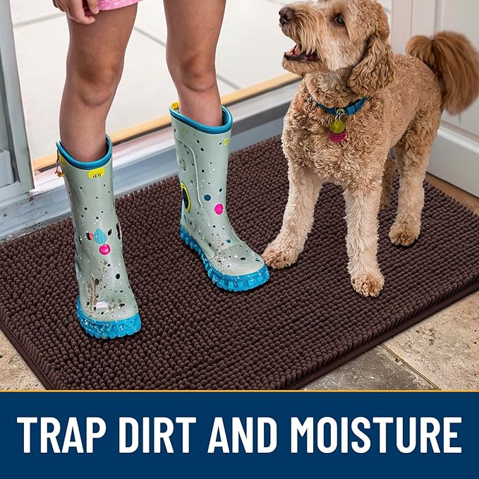 Smiry Dog Door Mat for Muddy Paws 70x35, Absorbs Moisture and Dirt Doormat, Non-Slip Washable Quick Dry Chenille Front Door Mat Indoor Entrance, Entryway Carpet for Inside Floor, Brown