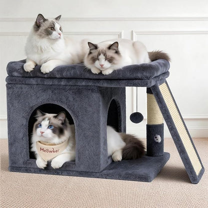 Cat Tree Tower Bed with Scratching Post for Indoor, Heavy Duty Small Stand House Condo for Large Cats & Kittens, Platform Perch Hideout Climb Rest Area, Modern Sturdy Furniture, Dark Gray