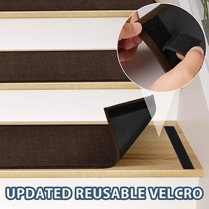 Peel and Stick Stair Treads with Rubber Backed Pack of 15, Jute Stair Rug Staircase Step Treads, Reusable Stair Pads Step Mats for Bare Feet, 30"x8", Deep Brown