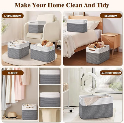Storage Baskets for Organizing, 4 Pack Baskets for Shelves, Decorative Storage Bins for Shelves, Cotton Rope Storage Basket with Handles, Woven Basket for Storage, 13''Lx8.7''Wx7.9''H, White & Gray