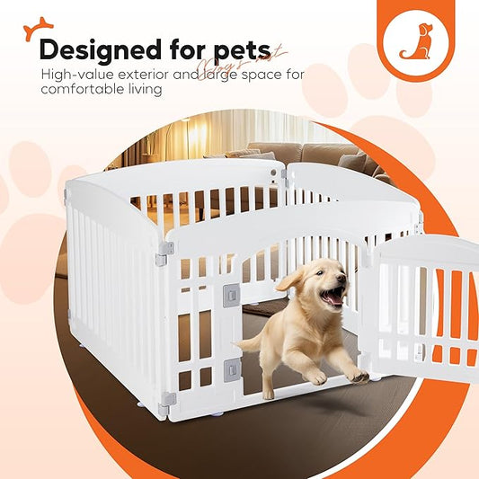 HealSmart 4 Panel Dog Playpen, 24” Exercise Puppy Playpen with Door, Safe, Secure, Folding & Portable Pet Playpen for Indoor & Outdoor Use, Suitable for Puppies and Small, White