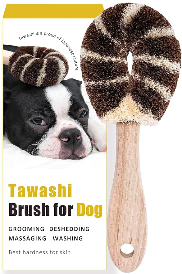 Natural Tawashi Dog Grooming & Massage Brush – Made in Japan, Gentle Palm Fiber Brush for Dogs, Relaxing Skin Stimulation, Low Static, Wooden Handle, Daily Dog Care Tool (Large Dog)