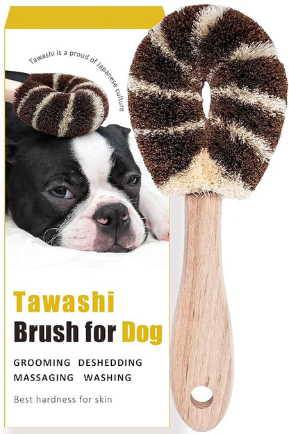 Natural Tawashi Dog Grooming & Massage Brush – Made in Japan, Gentle Palm Fiber Brush for Dogs, Relaxing Skin Stimulation, Low Static, Wooden Handle, Daily Dog Care Tool (Large Dog)