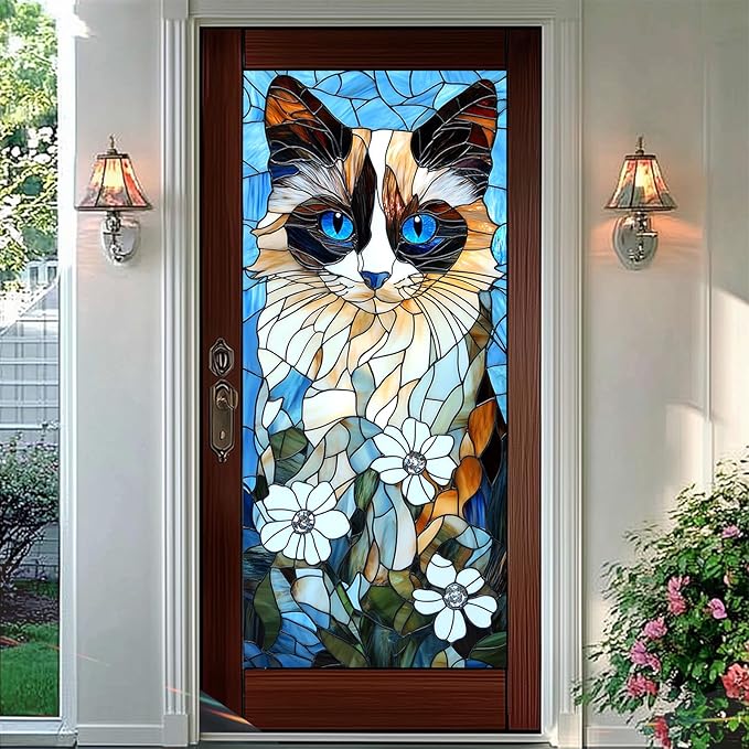 Privacy Window Film Cat Design Decorative Window Cling Stained Glass Style Static Cling Glass Sticker for Cabinet Bathroom Kitchen Door Panel 17.7 x 39.3 Inch