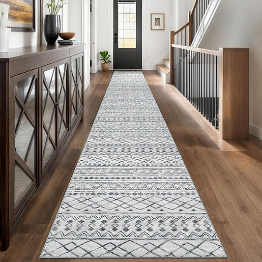KUTA Long Hallway Runner Rug 2.6x18 Non-Slip Washable, Moroccan Vintage Grey Boho Kitchen Rugs Ultra Soft Distressed Geometric Floor Carpet Runners for Bedroom Laundry Stairway Entryway