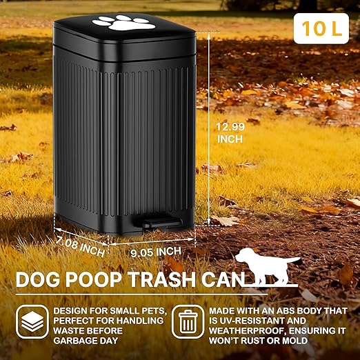 Dog Poop Trash Can Outside, 2.7Gal Dog Waste Trash Can with Lid, Foot Pedal, Dog Waste Container with 20 Bags, Pet Poop Bucket with Soft Close for Backyard Odor Control