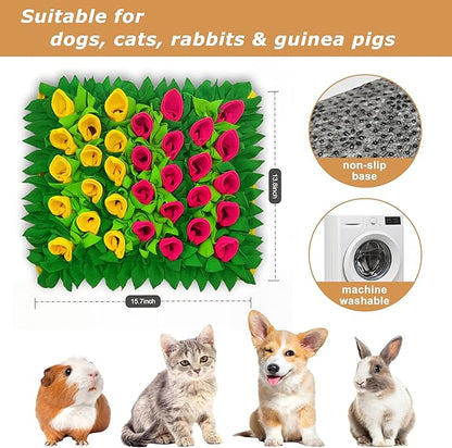 Snuffle Mat for Dogs, Cats, Rabbits, Guinea Pigs, Durable Washable Pet Feeding Mat, Flower & Grass Slow Feeder, Nose Work Training Pad, Anxiety Relief & Mental Stimulation(S, Yellow/Rose Red)