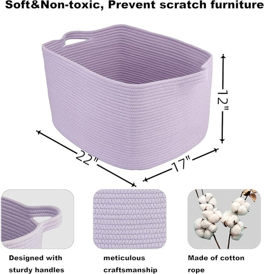 Large Rectangle Blankets Basket Living Room 22"x17"x12" Woven Cotton Rope Storage Baskets for Nursery Toy Basket for Kids Wicker Laundry Baskets Bin for Clothes Towels purple or Lavendor
