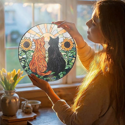 Cat Decorative Stained Glass Window Hanging Suncatcher Decoration - 7.87 Inch, Yellow Fur Black Cat Sunflower Decoration, Yard Decorations for Women, Friends and Family
