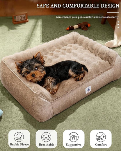 Dog Bed with Shredded Foam Filling, 35" * 25" Calming Pet Sofa with Removable Washable Cover, Soft Faux Fur Bolster Couch for Dogs, Anti-Slip Bottom (Taupe, Small)