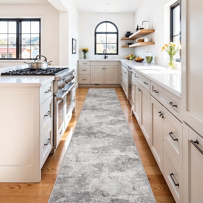 2'6x14 Extra Long Runner Rug : Washable Non-Slip Carpet for Hallway - Soft Kitchen Rugs Thin Low Pile Floor Mat for Bedroom Abstract Home Decor 2.6x14 Grey