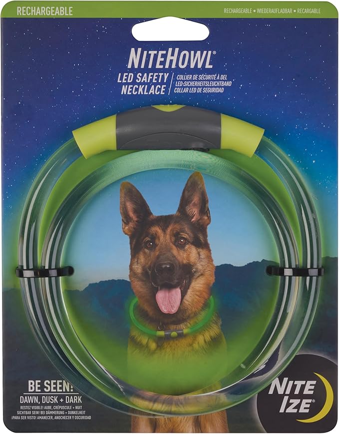 Nite Ize NiteHowl Rechargeable LED Safety Necklace - Dog Light for Dog-Walking Gear - Weather-Resistant Design - 5 Hours Runtime - Cut to Fit from 12” to 27” - Green
