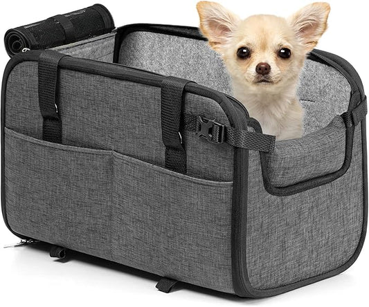 YUDODO 2-12lbs Center Console Dog Car Seat, Anti-Slip Pet Cat Booster Seat for Small Dogs, Portable Puppy Bed Carseat Carrier PU Leather Gray