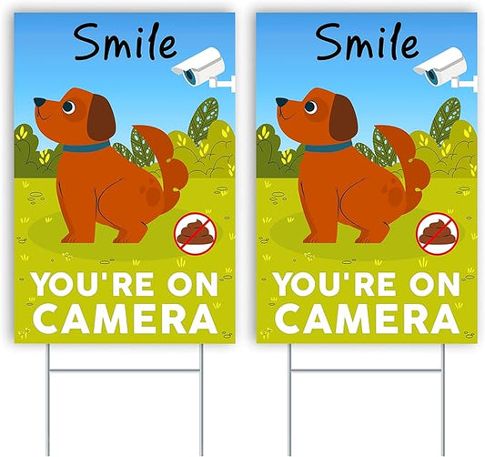 2 PC Smile You're on Camera Signs, 8x12 DS Coroplast No Dog Poop Signs for Yard, Please Curb Your Dog Sign