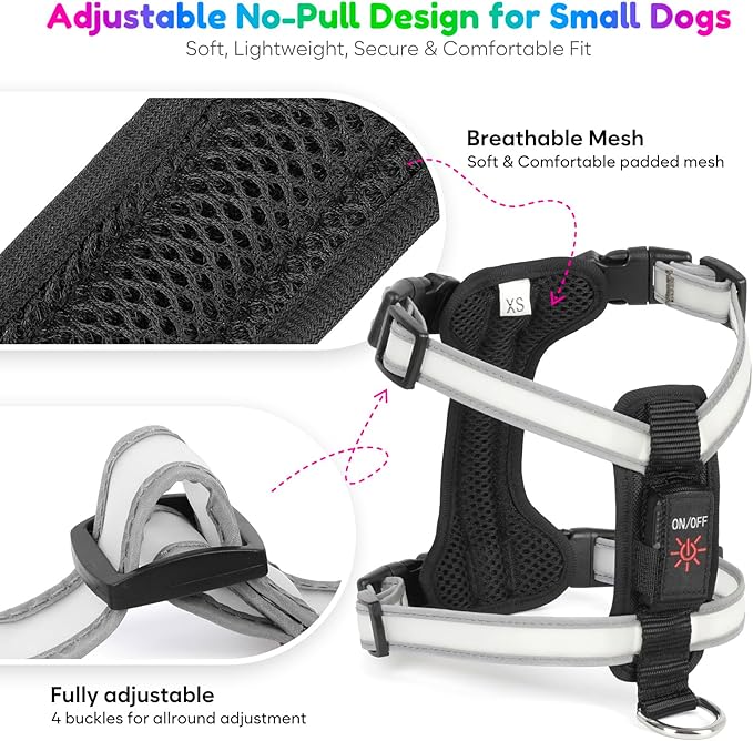 Light Up Dog Harness LED USB-C Rechargeable with Battery Indicator, Lighted Glow in The Dark Dog Harness Adjustable No-Pull Vest for Small Dogs, 7 Lighting Modes for Night Safety