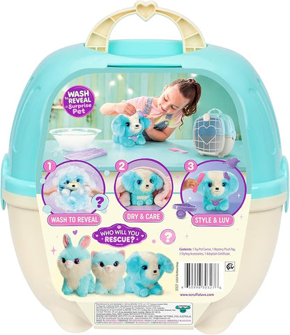 SCRUFFALUVS Blue Surprise Pet, Mystery Plush Toys, Stuffed Animals, Wash to Reveal 1 of 3 Rescue Surprise Toy Pets: Puppy, Bunny, or Kitty - Includes 8.7" Deluxe Carrier - Styles May Vary