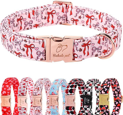 Pink Dog Collar for Female Small Dogs - Cute Bow Pattern Girl Dog Collar for Spring Summer, Adjustable Heavy Duty Pet Valentines Collars with Metal Buckle XS