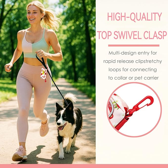 Dog Treat and Poop Bag Holder for Leash, 2 Waterproof Zipper Pouches for Pet Walking Accessories, with Dispenser, Training Clicker and 1 Free Roll (Strawberry)