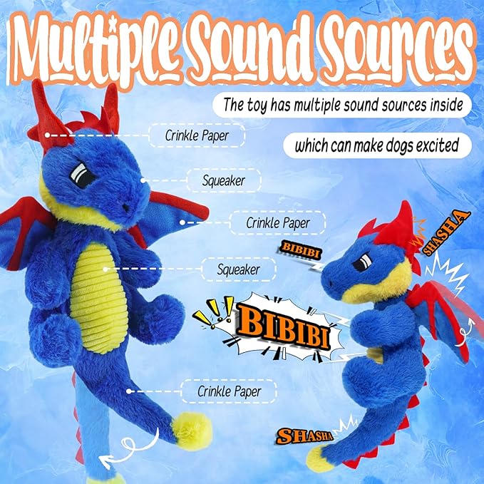 Original Blue Dinosaur Dog Toy - Soft Dog Toys Plush for Small Medium Large Dogs（13.78''） - Cute Dog Squeak Toys with 5 Crinckle Papers & 2 Squeakers