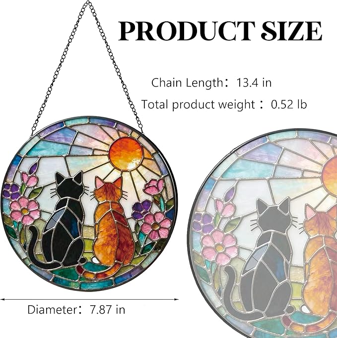Greatingreat Cat Stained Glass Window Hanging, Home Room Decor 7.8 Inch Sun Catchers Indoor Window, Whimsical Decor for Christmas Mother's Day Birthday Gifts for Women Men Mom Nana