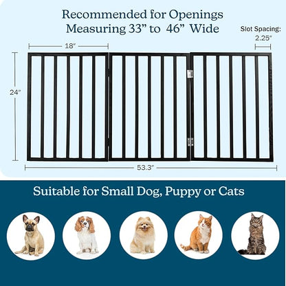 Pet Gate - 3-Panel Indoor Foldable Dog Fence for Stairs, Hallways, or Doorways - 54x24-Inch Wood Freestanding Dog Gates by PETMAKER (Black)