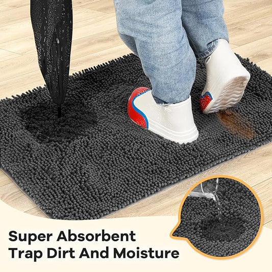 Absorbent Dog Door Mat for Muddy Paws, 120" x 36" Chenille Indoor Mats for Entryway, Trap Dirt Front Door Mat Indoor Entrance Washable Non Slip Soft Dark Grey