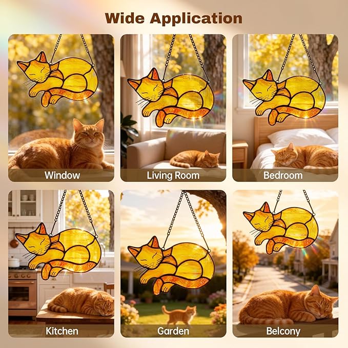 Orange Cat Memorial Suncatcher,Handmade Stained Glass Window Haninging Ornament for Home Decor,Memorial Gifts for Pet Lovers,Pet Loss Sympathy Gift