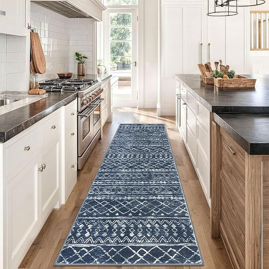 KUTA Moroccan Washable Runner Rug 2.6x8, Non-Slip Vintage Navy Blue Boho Hallway Runners Rugs Ultra Soft Print Distressed Geometric Floor Carpet for Bedroom Laundry Living Room