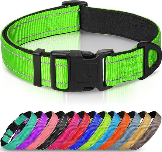 Joytale Reflective Dog Collar, Soft Neoprene Padded, Metal D-Ring, Nylon Pet Collar Adjustable for Small Dogs, Green, S
