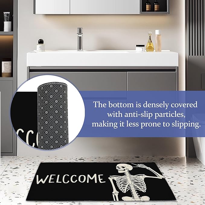 Indoor Rugs for Entryway,Gothic Skeleton Welcome Mat for Home,Halloween Skull Low Profile Entrance Rugs Non-Slip Doormats for Back Door Patio, Porch,Home Stairway,30 x 17 Inch