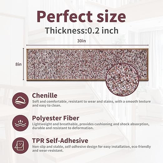 Non-Slip Carpet Stair Treads 4PCS, 8"x30" Peel and Stick Stair Runner for Wooden Steps Indoor, Washable Reusable Adhesive Backing, Pet-Friendly Safety Mats for Kids, Elders, Dogs