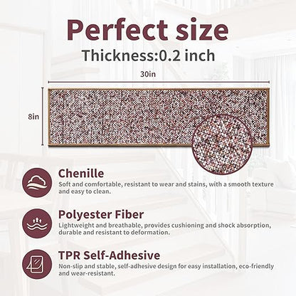 Non-Slip Carpet Stair Treads 4PCS, 8"x30" Peel and Stick Stair Runner for Wooden Steps Indoor, Washable Reusable Adhesive Backing, Pet-Friendly Safety Mats for Kids, Elders, Dogs