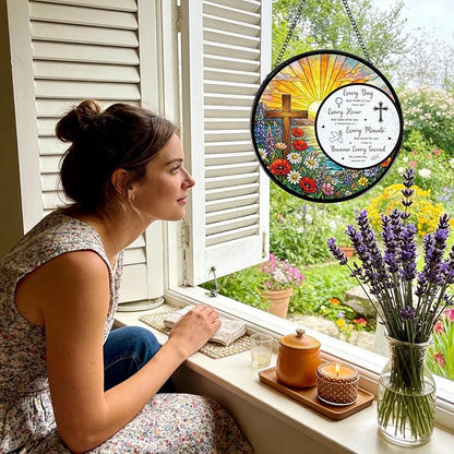 Stained Glass Window Hanging, 7.8″ The Cross and Scripture Sun Catchers Indoor Window Decor, Christ Suncatchers Hanging Ornaments Home Garden Art Easter Gift for Housewarming