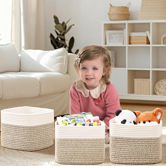 3 Pack Cube Storage Bin, 9”x9”x7” Cotton Rope Woven Baskets for Organizing Toys Clothes Towels, Square Gift Storage Baskets for Shelves, Nursery, Closet, Bathroom, Pantry (White & Jute)