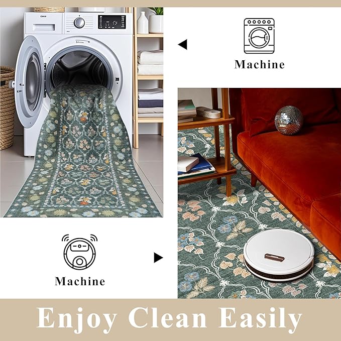 2.6x12 Kitchen Runner Rug Washable - Vintage Non Slip Hallway Rugs Low Pile Carpet for Bedroom Laundry Soft Indoor Floor Mat - Safe Durable Choice for Married Women with Kids & Pets 2’6x12 Green