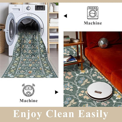 2.6x12 Kitchen Runner Rug Washable - Vintage Non Slip Hallway Rugs Low Pile Carpet for Bedroom Laundry Soft Indoor Floor Mat - Safe Durable Choice for Married Women with Kids & Pets 2’6x12 Green