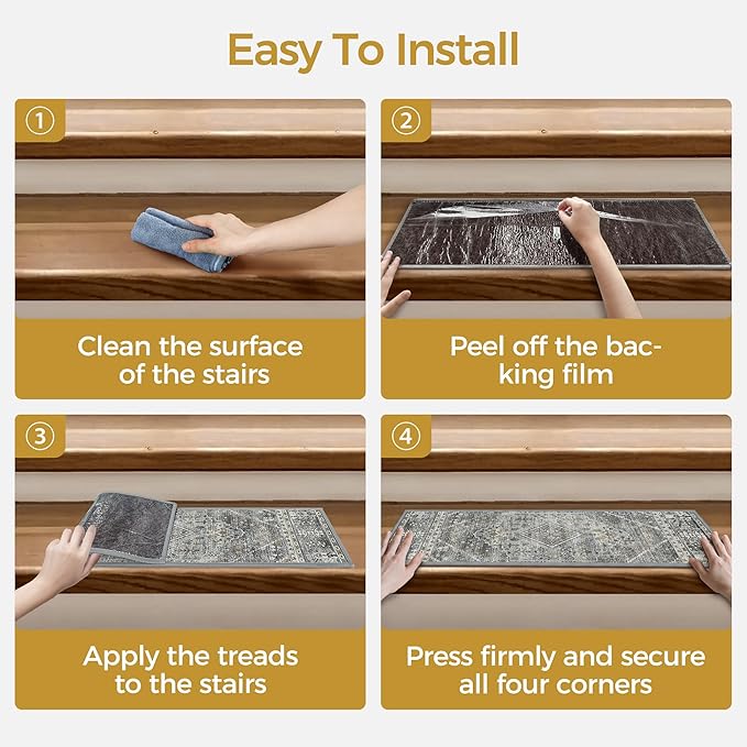 Non Slip Stair Treads for Wooden Steps 15PCS - 8"x30" Indoor Safety Carpet, Edging Mats with TPE Adhesive Backing, Pet and Elderly Friendly Stair Rugs (Charcoal&Gray)