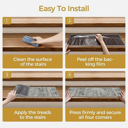 Non Slip Stair Treads for Wooden Steps 15PCS - 8"x30" Indoor Safety Carpet, Edging Mats with TPE Adhesive Backing, Pet and Elderly Friendly Stair Rugs (Charcoal&Gray)