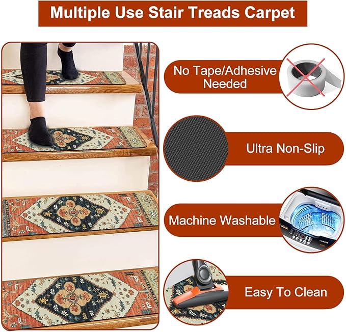 OJIA Non-Slip Carpet Stair Treads for Wooden Steps Set of 15, 30''X8'' Indoor Runner Resistant Rugs Rubber Safety Mats for Dogs, Kids & Elders, Stairway Grip